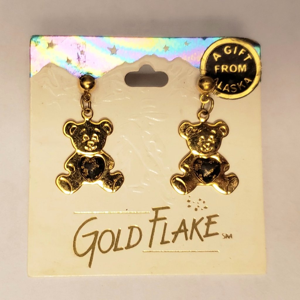 Vintage Goldflake Teddy Bear Heart Goldplated Pierced Earrings Alaska Animal Usa